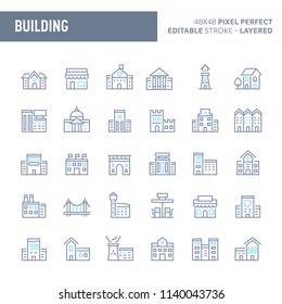 Buildings, architecture & structure  - simple outline icon set. Editable strokes and Layered (each icon is on its own layer with proper name) to enhance your design workflow.