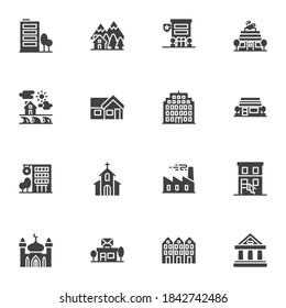 Conjunto de iconos vectoriales de arquitectura de edificios, colección de símbolos sólidos modernos, paquete de pictogramas estilo relleno. Ilustración del logotipo de los carteles. Set incluye iconos como cafetería, tienda principal, hospital, edificio de oficinas