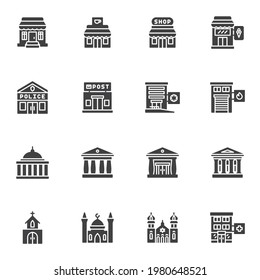 Buildings architecture vector icons set, modern solid symbol collection, filled style pictogram pack. Signs, logo illustration. Set includes icons as coffee shop, post office, mosque, hospital, store