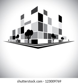 Buildings in b & w of city skyline with skyscrapers, trees tall towers and streets in shades of black, white and grey - vector logo template icon