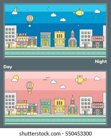 Buildings. Background for game. Cafe, cinema, store, church, apa