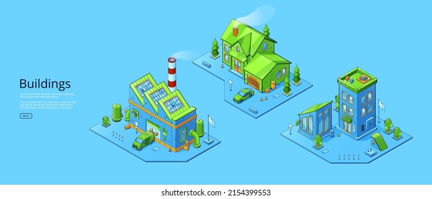 Buildings banner with isometric fabric, house and store. Vector poster of urban architecture with exterior of residential, business and industrial buildings, cottage, warehouse and office