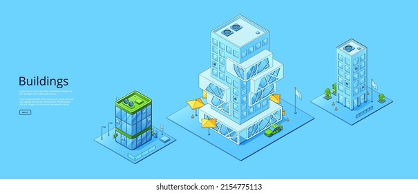 Buildings banner with isometric modern office, hotel and store. Vector horizontal poster of modern urban architecture, exterior of business and commercial buildings isolated on blue background