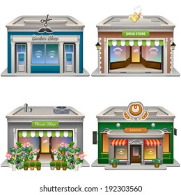 Buildings. Barber shop, Drug store, Flower shop, Bakery. Vector eps 10.