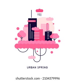 Buildings between pink blooming trees. Spring in city. Modern flat illustration. Vector file.