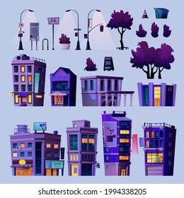 Buildings of big city or town, infrastructure and decoration elements, isolated constructions and flora. Trees and lanterns lights, road signs and bushes, shops and malls. Cartoon vector in flat style