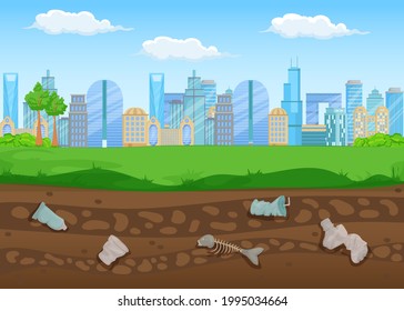 Buildings of big city with waste buried underneath. Plastic cups with straw, bottle, fish skeleton lying in soil under grass cartoon vector illustration. Pollution, environment, ecology concept