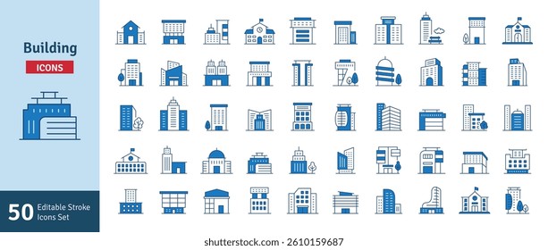 Buildings Blue Line Editable Stroke Icons Set. Real Estate, House, Home, Apartment, Condominium, Hotel, Mall, City, Cityscape, Town, Downtown, Museum. Architecture Buildings Icons Vector Illustration