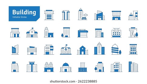 Edifícios Linha Azul Editável Traço Ícones Set. Imóveis, Casa, Casa, Apartamento, Condomínio, Hotel, Mall, Cidade, Paisagem Urbana, Cidade, Centro, Museu. Ilustração do vetor de ícones dos edifícios de arquitetura