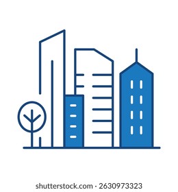 Buildings Blue Line Editable Stroke Icon. Real Estate, City, Cityscape, House, Home, Apartment, Condominium, Hotel, Mall, Town, Architecture Buildings Icons Vector Illustration