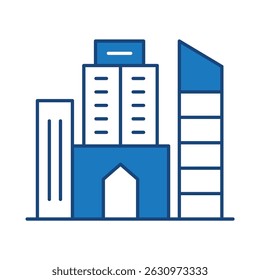 Buildings Blue Line Editable Stroke Icon. Real Estate, City, Cityscape, House, Home, Apartment, Condominium, Hotel, Mall, Town, Architecture Buildings Icons Vector Illustration