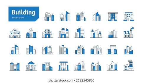 Buildings Blue Line Editable Stroke Icons Set. Real Estate, House, Hospital, Industry, Home, Apartment, Hotel, Cityscape, Downtown. Architecture Buildings Icons Vector Illustration