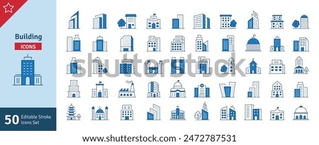 Buildings Blue Line Editable Stroke Icons Set. Real Estate, House Home Apartment Hospital, Hotel, Cityscape, Downtown, Museum, Mosque, Church, Pagoda. Architecture Buildings Icons Vector Illustration