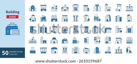 Buildings Blue Line Editable Stroke Icons Set. Real Estate, House, Home, Apartment, Condominium, Hotel, Mall, City, Cityscape, Town, Downtown, Museum. Architecture Buildings Icons Vector Illustration