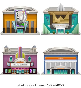 Buildings. Bowling, Concert hall, Cinema house, Stadium. Vector illustration. Eps 10.