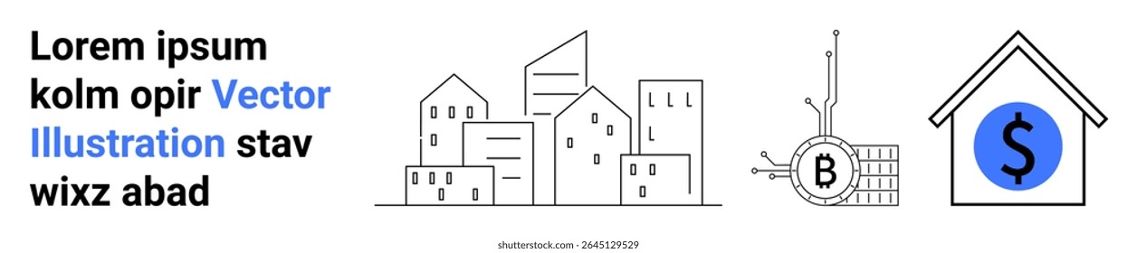Edifícios e cidade, processo Bitcoin, casa com dólar. Ideal para finanças, tecnologia, criptomoedas, planejamento urbano, imobiliário, investimento, cidades inteligentes Página inicial