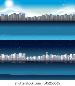 Buildings in city at day and night illustration