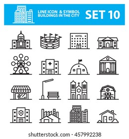 Buildings city line icon vector set