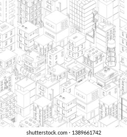 Buildings city seamless pattern. Isometric top view. Vector town city street outline. Gray lines contour style background. Highly detailed.