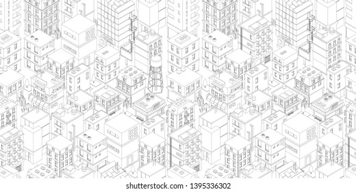 Buildings City Seamless Pattern. Isometric Top View. Vector Town City Street Outline. Gray Lines Contour Style Rectangular Background. Highly Detailed.