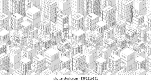 Buildings city seamless pattern. Roofs white light background. Isometric top view. Vector illustration stock. Gray lines outline contour style.