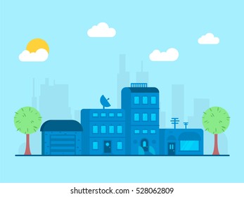 Buildings, city, skyline in back, trees, vlue sky and sun. Vector illustarion