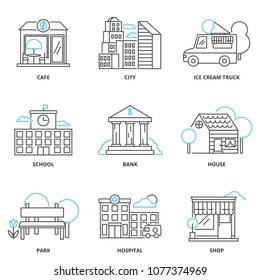 Edificios, conjunto de iconos de vectores de ciudad, estilo de esquema. Trazo editable