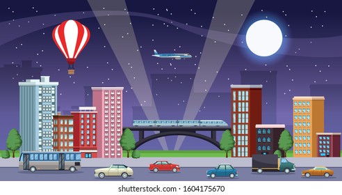 buildings cityscape with means of transport night scene vector illustration design