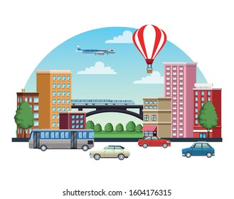 buildings cityscape with means of transport vector illustration design