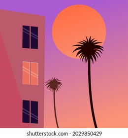 Buildings And Coconut Trees City Pop Style Background