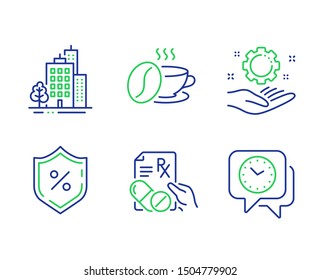 Buildings, Coffee cup and Prescription drugs line icons set. Loan percent, Employee hand and Clock signs. City architecture, Roasted bean, Pills. Protection shield. Business set. Vector