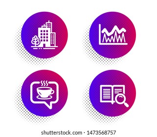 Buildings, Coffee and Investment icons simple set. Halftone dots button. Search text sign. City architecture, Cafe, Economic statistics. Open book. Business set. Classic flat buildings icon. Vector
