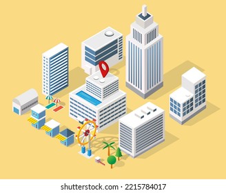 buildings collection with cafe hotel resort for beach area isometric illustration