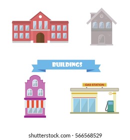 Buildings collection. Flat design school, house, gas station and store