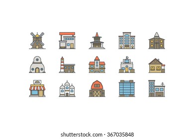 Buildings  color icons. Line art. Stock vector.