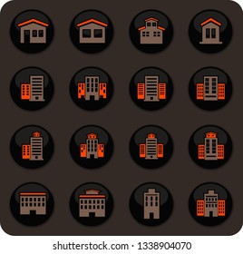 Buildings color vector icons on dark background for user interface design