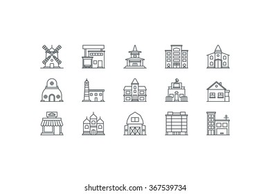 Buildings  colorless icons. Line art. Stock vector.