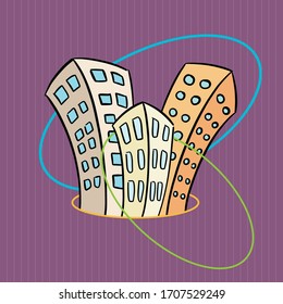 Buildings coming out of the circle. Colorful vector illustration.