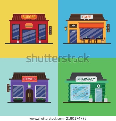 Buildings of commercial establishments and shops in a flat style. Vector illustration.