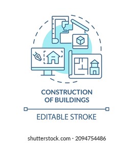 Buildings Construction Turquoise Concept Icon. Digital Twin Use Case Abstract Idea Thin Line Illustration. Isolated Outline Drawing. Editable Stroke. Roboto-Medium, Myriad Pro-Bold Fonts Used