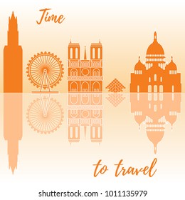 Buildings and constructions of different countries of the world. Ferris wheel, basilica, cathedral, pyramid, skyscraper.