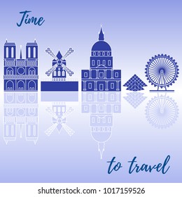 Buildings and constructions of different countries of the world. Ferris wheel, pyramid, cabaret, building, cathedral.