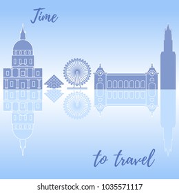 Buildings and constructions of different countries of the world. Ferris wheel, museum, building, pyramid, skyscraper.