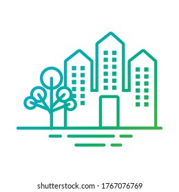 buildings constructions facades with trees city gradient style icons vector illustration design