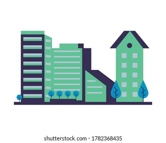 buildings constructions with trees city scene vector illustration design