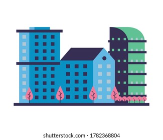 buildings constructions with trees city scene vector illustration design