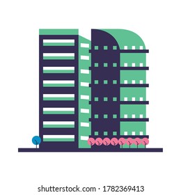 construcciones de edificios con árboles de la ciudad de la escena de la ilustración de vector diseño