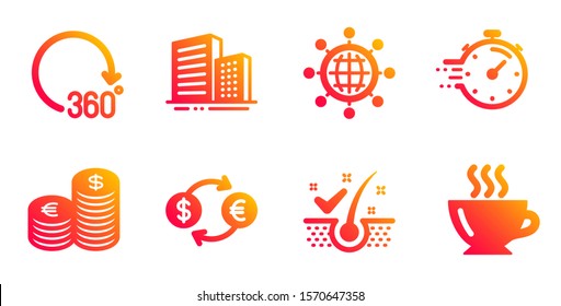 Buildings, Currency exchange and 360 degrees line icons set. Anti-dandruff flakes, International globe and Timer signs. Currency, Coffee symbols. City architecture, Banking finance. Vector