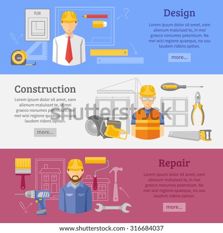  Buildings design construction and reparation carpentry works website concept 3 flat horizontal banners set abstract vector illustration