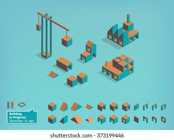 Buildings and design elements in Progress, isometric view and Crane. Minimal Flat design style